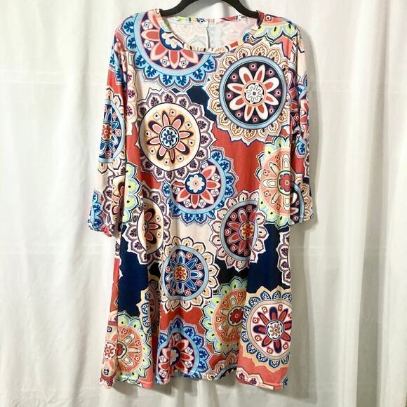 Women's XL Boho Medallion Print Tunic Dress with Pockets - Picture 2 of 9